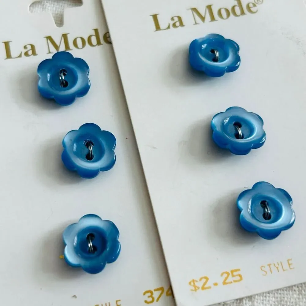 (6) Vintage La Mode Blue Flower Buttons Made in France